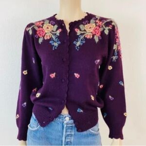 Vintage Heavily Hand Embroidered Floral Sweater Eggplant Buttons Grandmacore